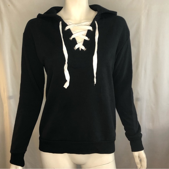 Woman’s black pull over hoodie with white laced front - Picture 11 of 13